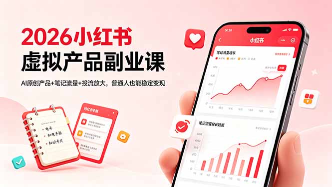 2026小红书虚拟产品副业课，AI原创产品+笔记流量+投流放大，普通人也能稳定变现-资源宝库