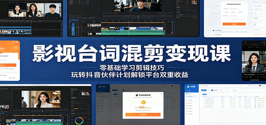 影视台词混剪变现课：零基础学习剪辑技巧，玩转抖音伙伴计划解锁平台双重收益-资源宝库