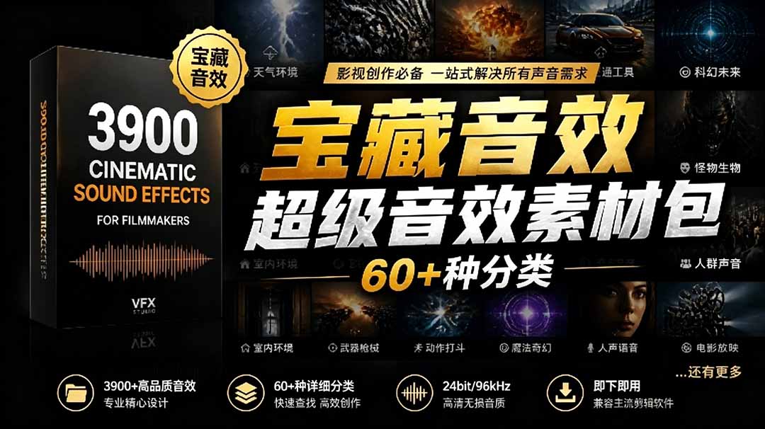 宝藏音效合集包！60+多种音效分类，共计3900个，分类清晰，全中文分类，高品质剪辑音效素材包-资源宝库