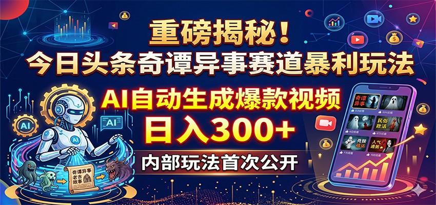 重磅揭秘!今日头条奇谭异事赛道暴利玩法:AI自动生成爆款视频,日入300+-资源宝库
