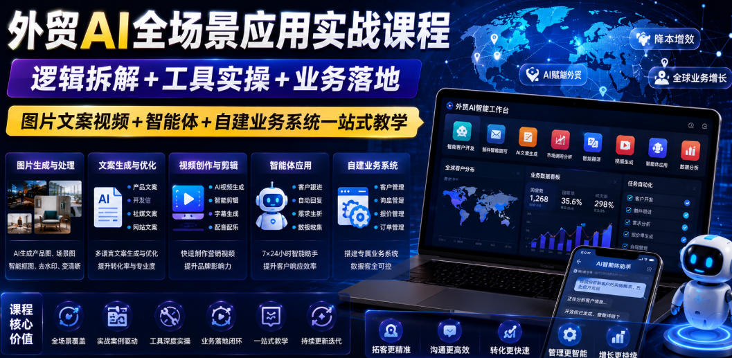 外贸AI全场景应用实战课程｜逻辑拆解+工具实操+业务落地，图片文案视频+智能体+自建业务系统一站式教学-资源宝库