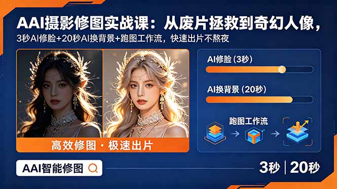 AI摄影修图实战课：从废片拯救 到 奇幻人像，3秒AI修脸+20秒AI换背景+跑图工作流，快速出片不熬夜-资源宝库