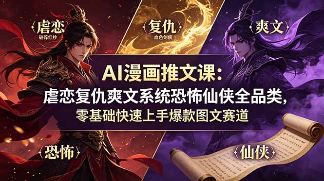 AI漫画推文课：虐恋复仇爽文系统恐怖仙侠全品类，零基础快速上手爆款图文赛道-资源宝库