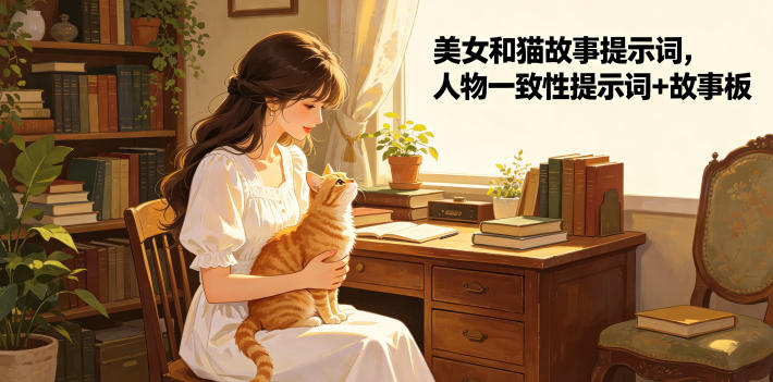 美女和猫故事提示词，人物一致性提示词+故事板-资源宝库