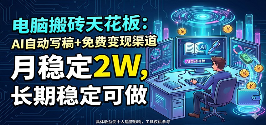 电脑搬砖天花板:AI自动写稿+免费变现渠道,月稳定2W,长期稳定可做-资源宝库