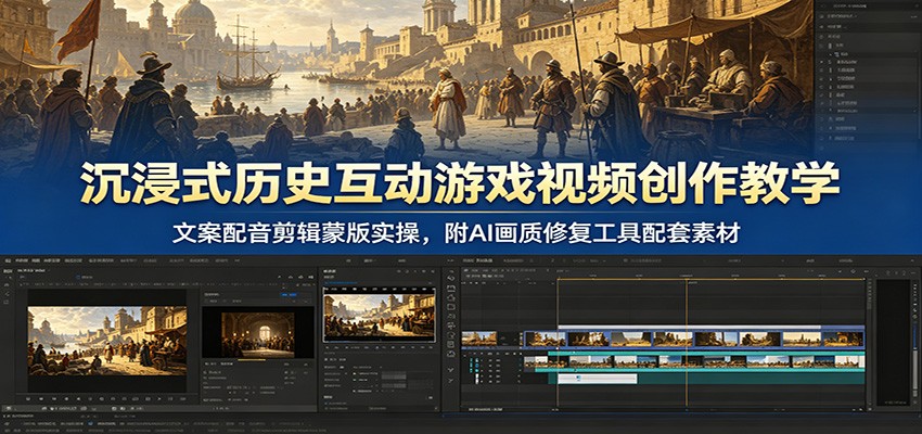 沉浸式历史互动游戏视频创作教学：文案配音剪辑蒙版实操，附AI画质修复工具配套素材-资源宝库