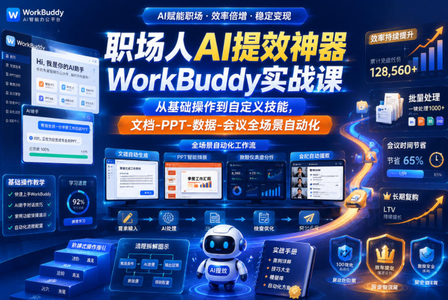 职场人AI提效神器WorkBuddy实战课，从基础操作到自定义技能，文档-PPT-数据-会议全场景自动化-资源宝库