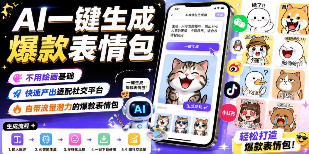 AI一键生成爆款表情包，不用绘画基础，快速产出适配社交平台，自带流量潜力的爆款表情包-资源宝库