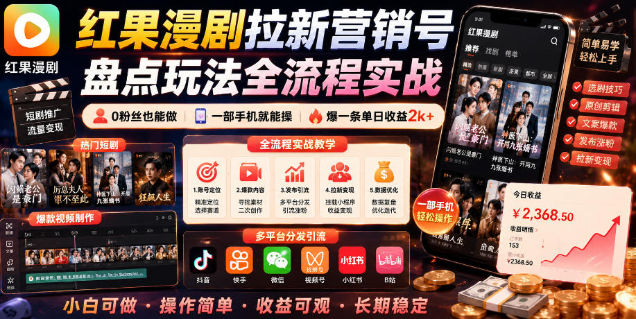 红果漫剧拉新营销号盘点玩法全流程实战，0粉丝也能做，一部手机就能做，爆一条单日收益2k+-资源宝库