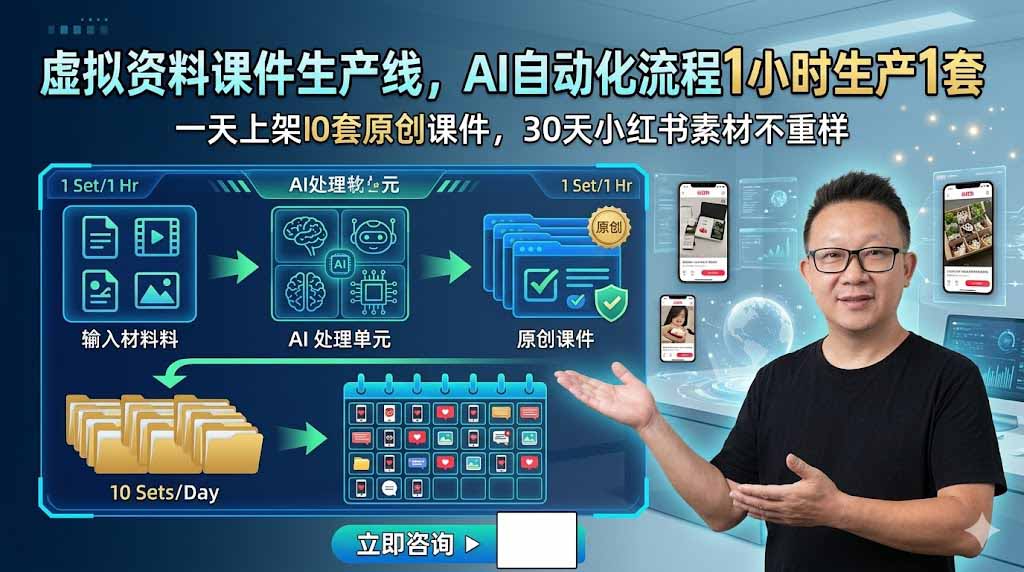 虚拟资料课件生产线，AI自动化流程1小时生产1套，一天上架10套原创课件，30天小红书素材不重样-资源宝库