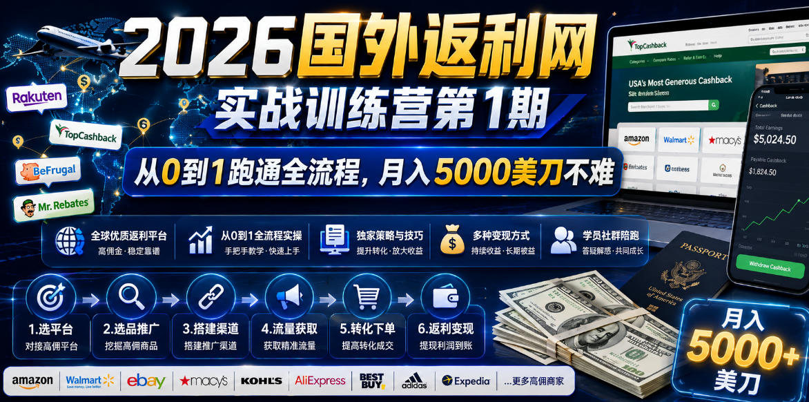 2026国外返利网实战变现营-第一期，从零拆解项目逻辑与流程，跑通完整变现链路，月入5000美金-资源宝库