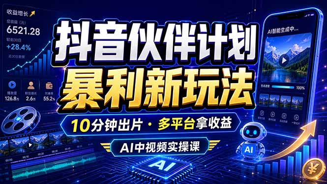 抖音伙伴计划最新玩法，无需配音剪辑，10分钟出一条原创视频，轻松日入三位数-资源宝库