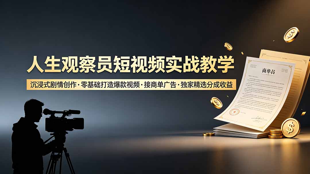 人生观察员短视频实战教学，沉浸式剧情创作，零基础打造爆款视频，接商单广告，独家精选分成收益-资源宝库