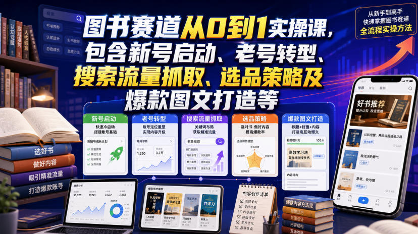 图书赛道从0到1实操课，包含新号启动、老号转型、搜索流量抓取、选品策略及爆款图文打造等-资源宝库