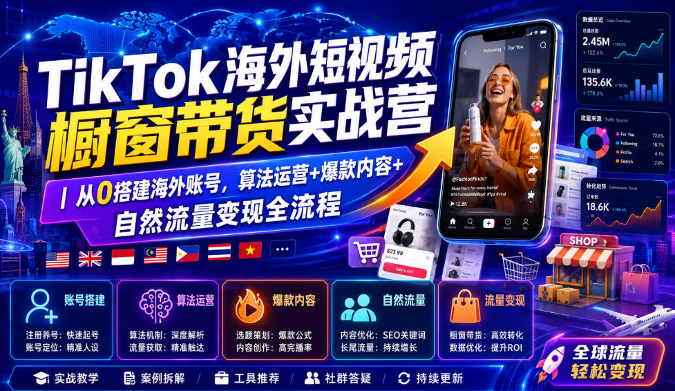 TikTok海外短视频橱窗带货实战营｜从0搭建海外账号，算法运营+爆款内容+自然流量变现全流程-资源宝库