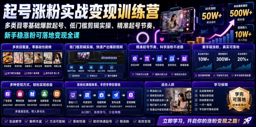 苗子起号涨粉实战变现训练营，多类目零基础爆款起号、精准起号节奏、新手稳涨粉可落地变现全课-资源宝库