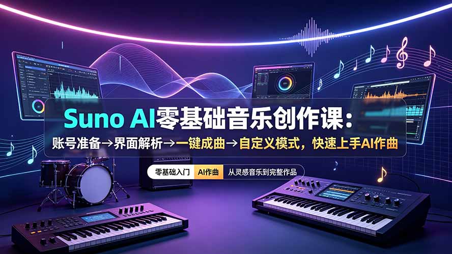 Suno AI零基础音乐创作课：账号准备→界面解析→一键成曲→自定义模式，快速上手AI作曲-资源宝库