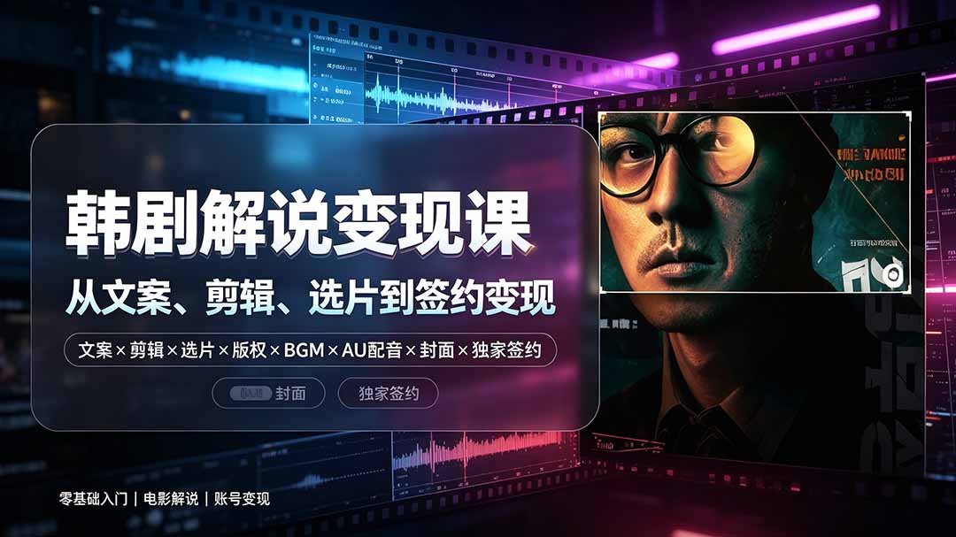 抖音270W粉丝博主亲授韩剧解说课：文案×剪辑×选片×版权×BGM×AU配音×封面×独家签约，零基础到变现-资源宝库