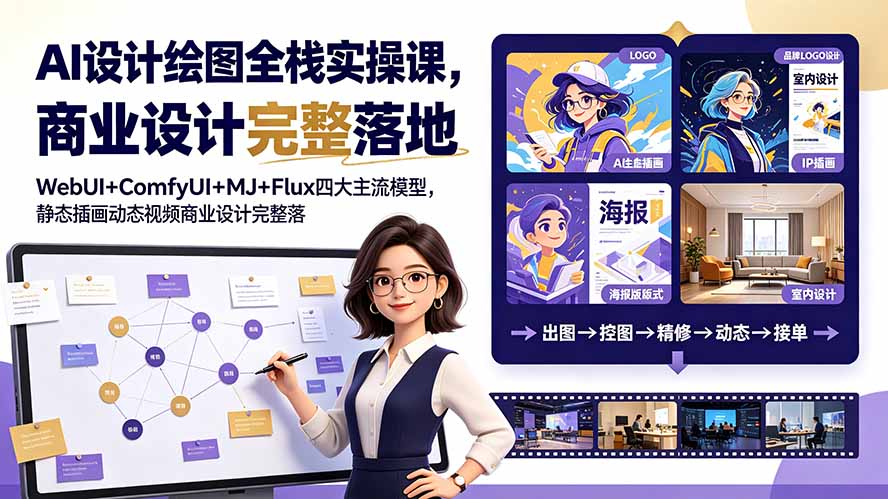 AI设计绘图全栈实操课，WebUI+ComfyUI+MJ+Flux四大主流模型，静态插画动态视频商业设计完整落地教程-资源宝库