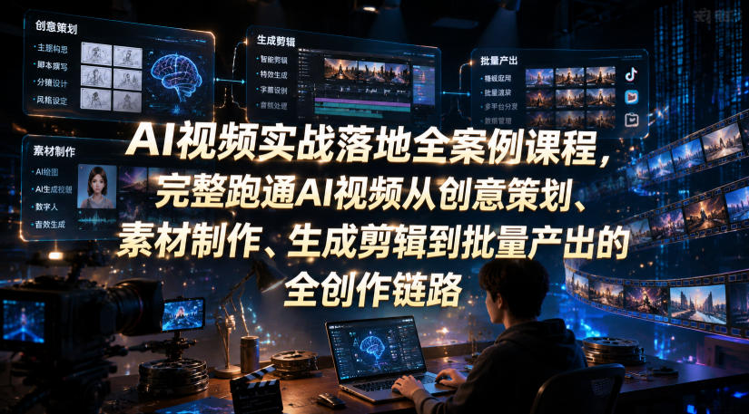 AI视频实战落地全案例课程，完整跑通AI视频从创意策划、素材制作、生成剪辑到批量产出的全创作链路-资源宝库