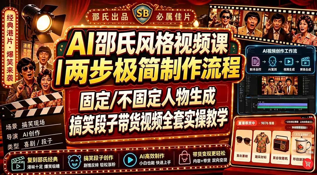 AI邵氏风格视频课｜两步极简制作流程，固定/不固定人物生成，搞笑段子带货视频全套实操教学-资源宝库