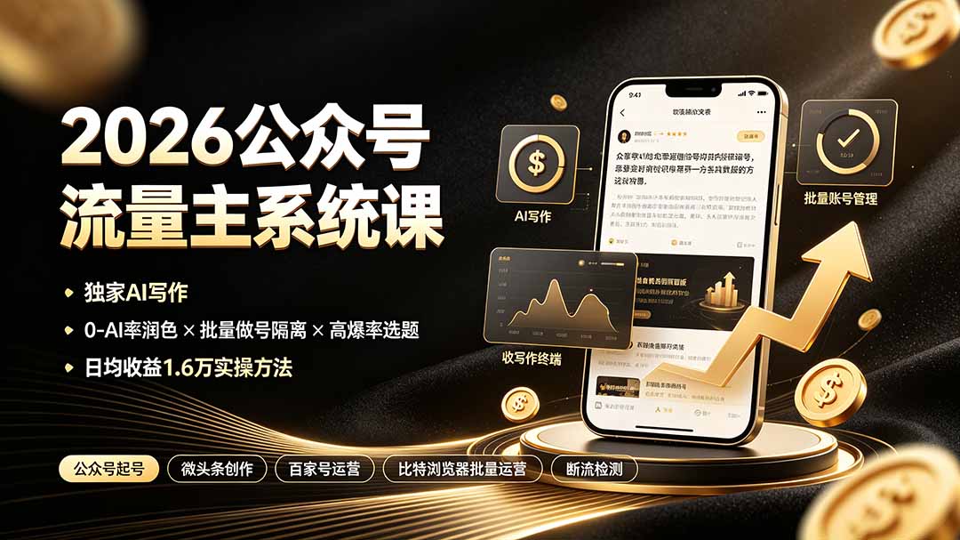 2026公众号流量主系统课：独家AI写作×0-AI率润色×批量做号隔离×高爆率选题，日均收益1.6万实操方法-资源宝库