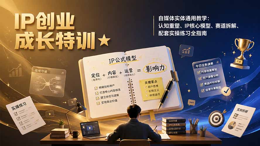 IP创业成长特训★自媒体实体通用教学：认知重塑、IP核心模型、赛道拆解、配套实操练习全指南-资源宝库