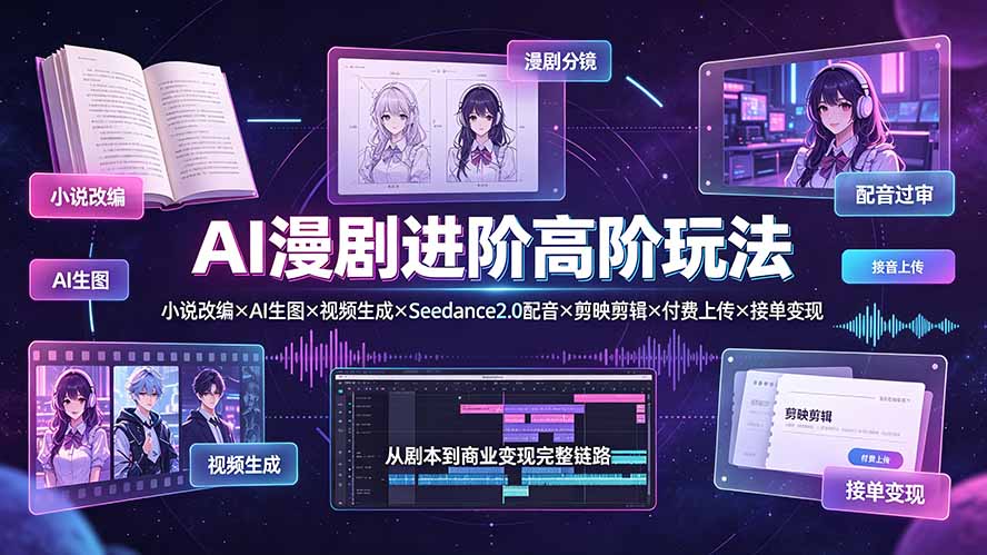 AI漫剧进阶高阶玩法：小说改编×AI生图×视频生成×Seedance2.0配音×剪映剪辑×付费上传×接单变现-资源宝库