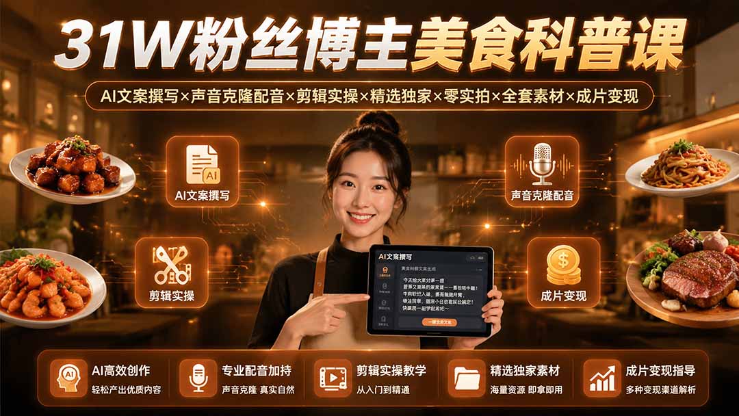 31W粉丝博主美食科普课：AI文案撰写×声音克隆配音×剪辑实操×精选独家×零实拍×全套素材×成片变现-资源宝库