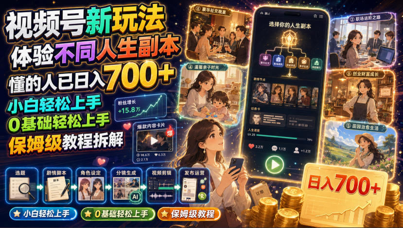视频号新玩法体验不同人生副本，懂的人已日入700+，小白轻松上手，0基础轻松上手，保姆级教程拆解-资源宝库
