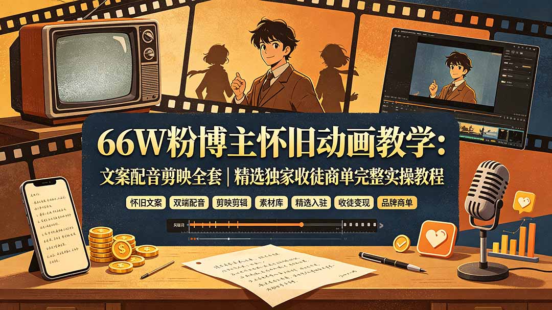 66W粉博主怀旧动画教学：文案配音剪映全套｜精选独家收徒商单完整实操教程-资源宝库