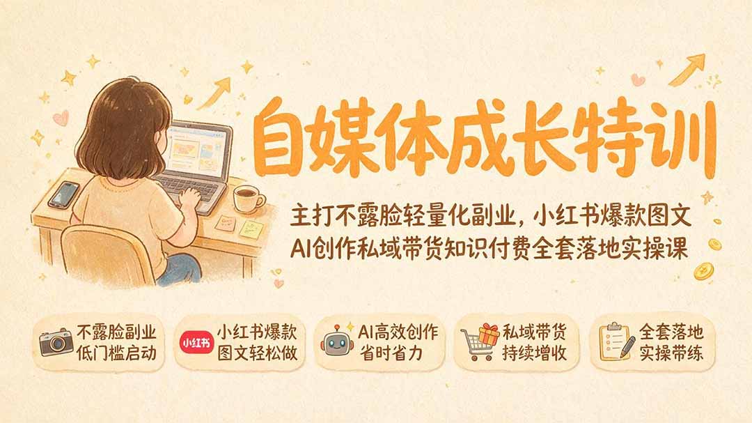 自媒体成长特训｜主打不露脸轻量化副业，小红书爆款图文AI创作私域带货知识付费全套落地实操课-资源宝库
