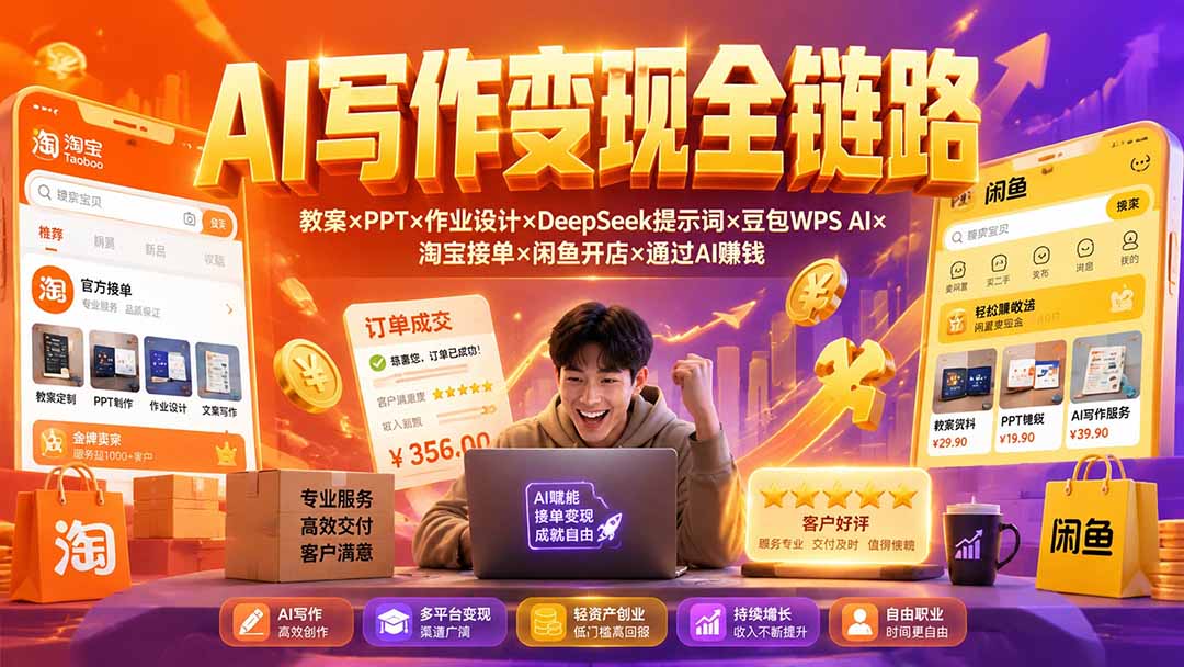 2026AI写作变现全链路：教案×PPT×作业设计×DeepSeek提示词×豆包WPS AI×淘宝接单×闲鱼开店×通过AI賺钱-资源宝库