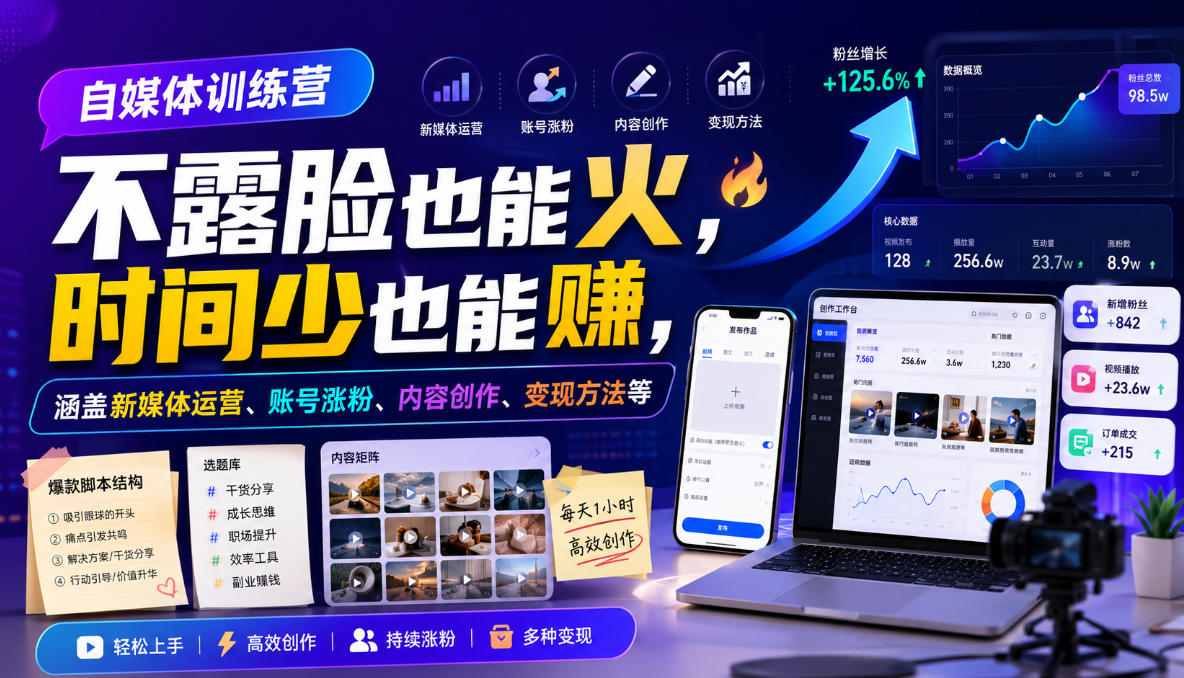 自媒体训练营，不露脸也能火，时间少也能賺，涵盖新媒体运营、账号涨粉、内容创作、变现方法等-资源宝库