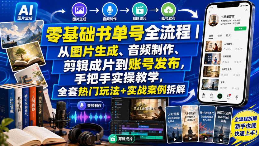 零基础书单号全流程｜从图片生成、音频制作、剪辑成片到账号发布，手把手实操教学，全套热门玩法+实战案例拆解-资源宝库