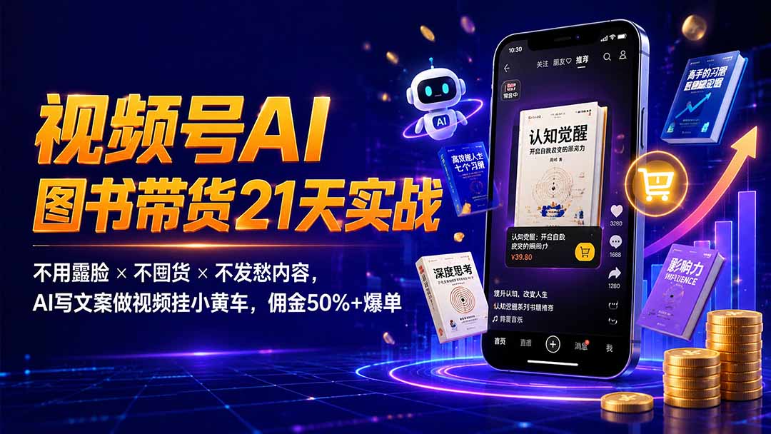 繁花视频号AI图书带货21天实战：不用露脸×不囤货×不发愁内容，AI写文案做视频挂小黄车，佣金50%+爆单-资源宝库