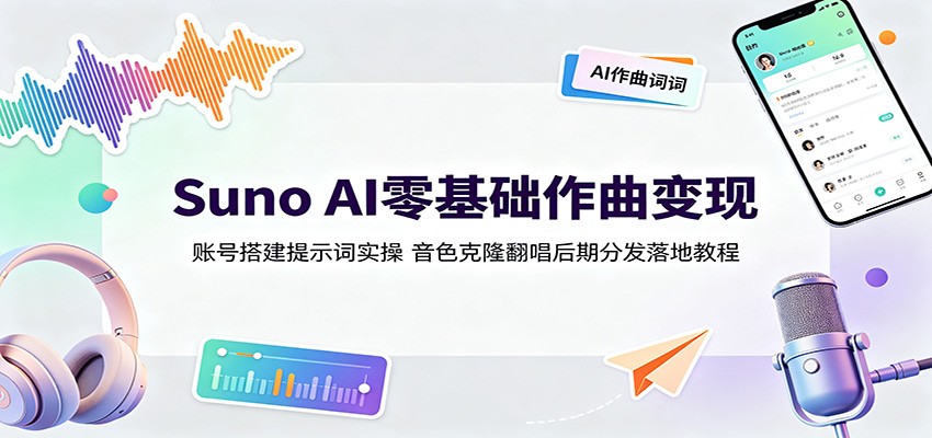 Suno AI零基础作曲变现：账号搭建提示词实操，音色克隆翻唱后期分发落地教程-资源宝库