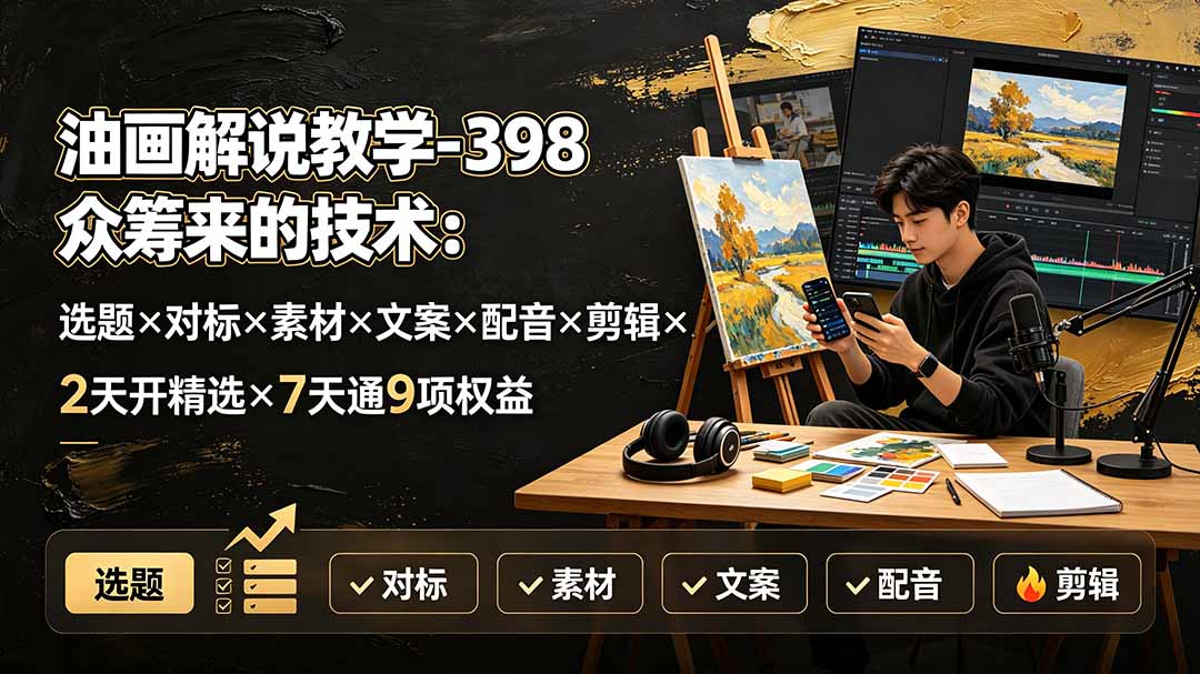 油画解说教学-398众筹来的技术：选题×对标×素材×文案×配音×剪辑×2天开精选×7天通9项权益-资源宝库