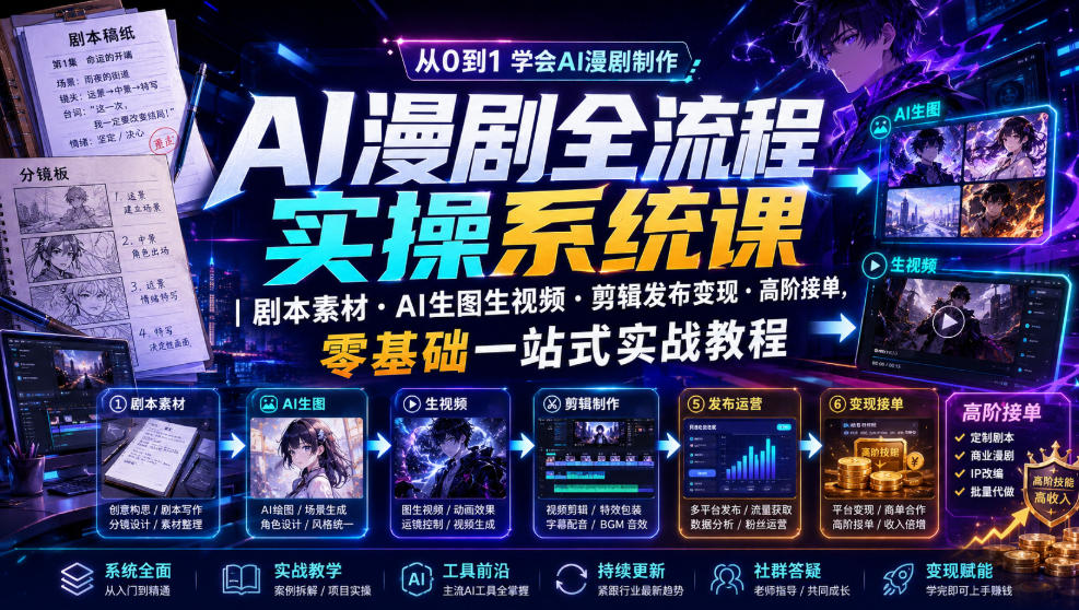 AI漫剧全流程实操系统课｜剧本素材・AI生图生视频・剪辑发布变现・高阶接单，零基础一站式实战教程-资源宝库
