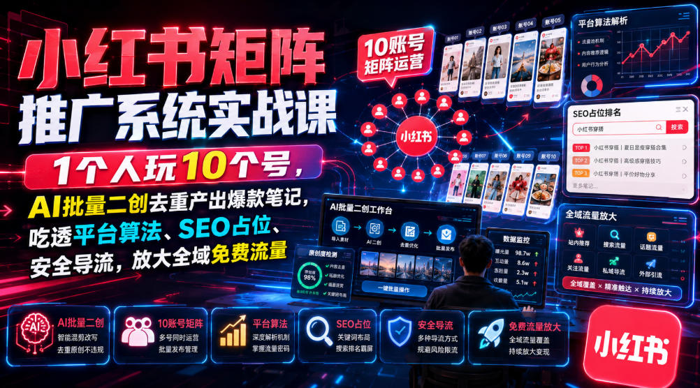 小红书矩阵推广系统实战课｜1个人玩10个号，AI批量二创去重产出爆款笔记，吃透平台算法、SEO占位、安全导流，放大全域免费流量-资源宝库