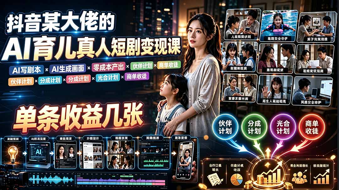 AI育儿真人短剧变现课：AI写剧本×AI生成画面×零成本产出×伙伴计划×分成计划×光合计划×商单收徒-资源宝库