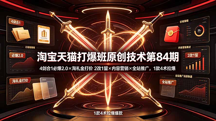 淘宝天猫打爆班原创技术第84期：4剑合1必爆2.0×淘礼金打价×2改1留×内容营销×全站推广，1款4术拉爆-资源宝库