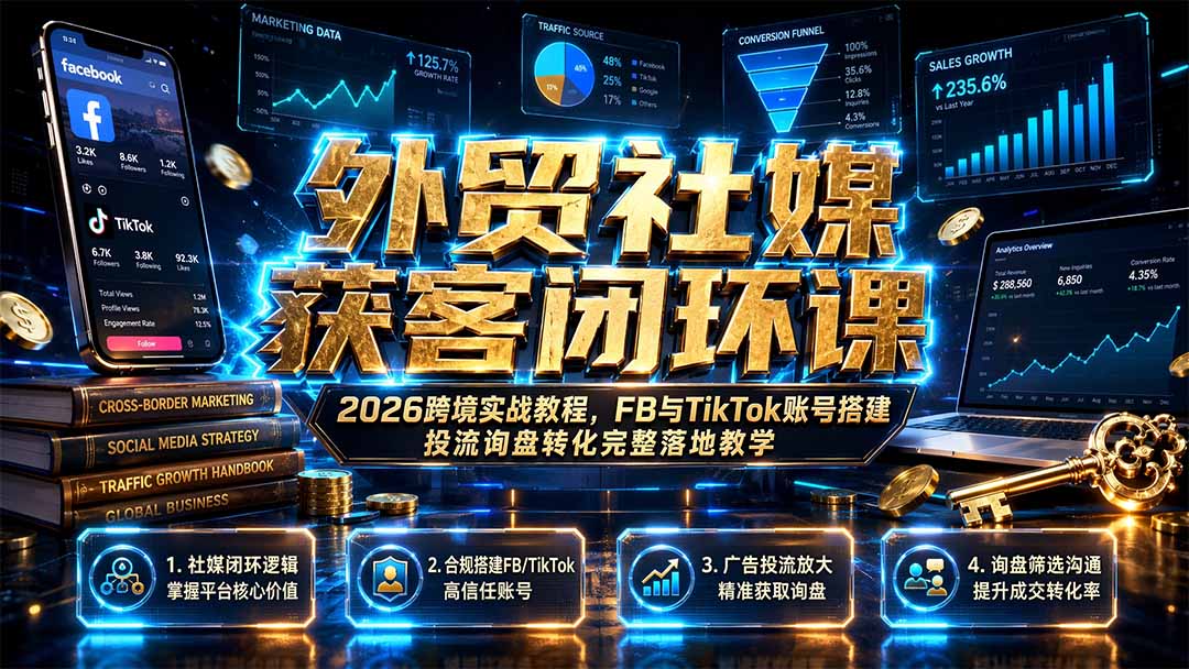 外贸社媒获客闭环课｜2026跨境实战教程，FB与TikTok账号搭建投流询盘转化完整落地教学-资源宝库