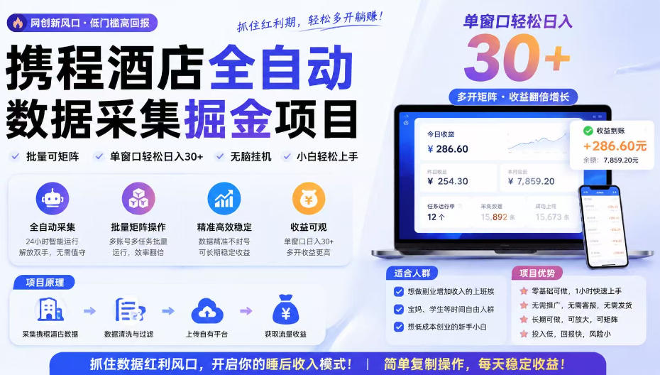 携程酒店采集挂G项目，批量可矩阵，单机轻松日入300+，开启你的睡后收入模式!【揭秘】-资源宝库