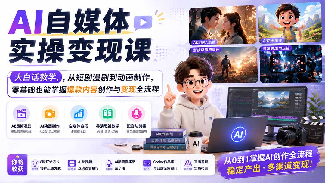 AI自媒体实操变现课｜大白话教学，从短剧漫剧到动画制作，零基础也能掌握爆款内容创作与变现全流程-资源宝库