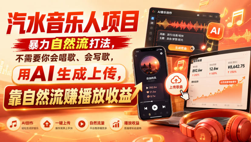 汽水音乐人项目，暴力自然流打法，不需要你会唱歌、会写歌，用AI生成上传，靠自然流賺播放收益-资源宝库