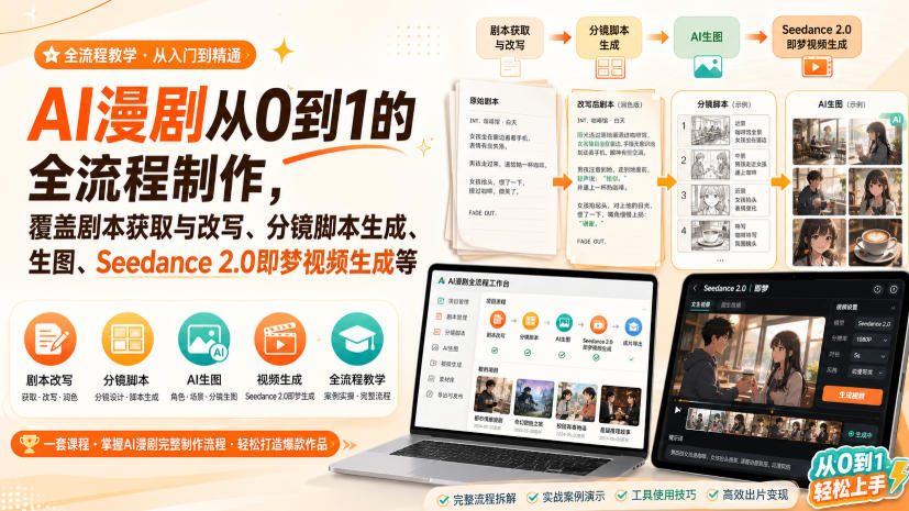 AI漫剧从0到1的全流程制作，覆盖剧本获取与改写、分镜脚本生成、角色场景生图与三视图、Seedance 2.0即梦视频生成(PDF版)-资源宝库