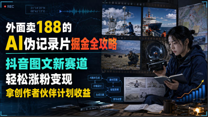 外面卖188的AI伪记录片掘金全攻略，抖音图文新赛道，轻松涨粉变现，拿创作者伙伴计划收益【文档】-资源宝库