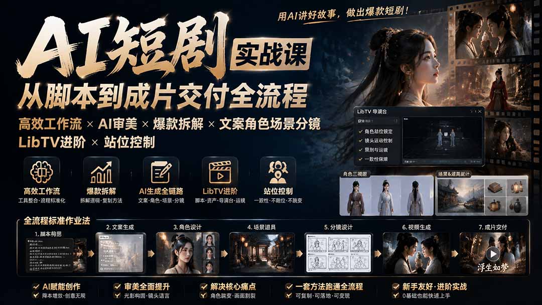 AI短剧实战课：高效工作流×AI审美×爆款拆解×文案角色场景分镜×LibTV进阶×站位控制×从脚本到成片交付全流程-资源宝库