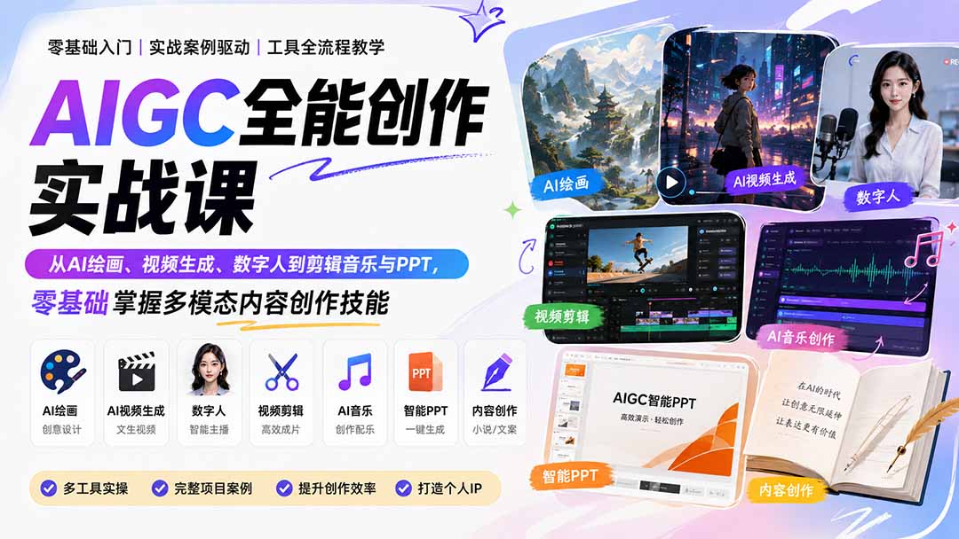 AIGC全能创作实战课：从AI绘画、视频生成、数字人到剪辑音乐与PPT，零基础掌握多模态内容创作技能-资源宝库